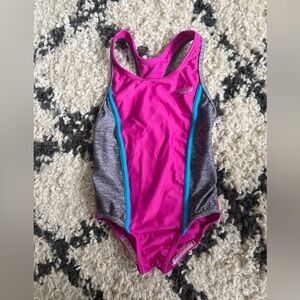Speedo Girls' Bright Magenta One-Piece with Gray Panels and Teal Trim Size 5